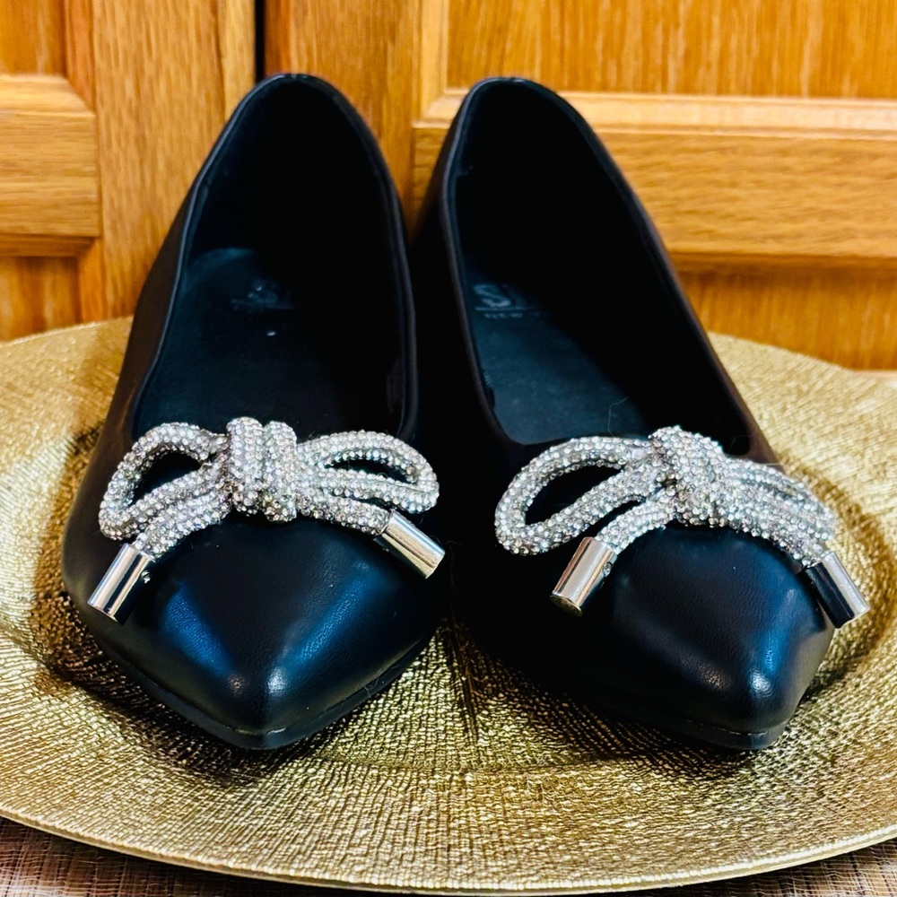 SM New York pointed toe silver bow black ballerina flats shoes - Picture 4 of 7